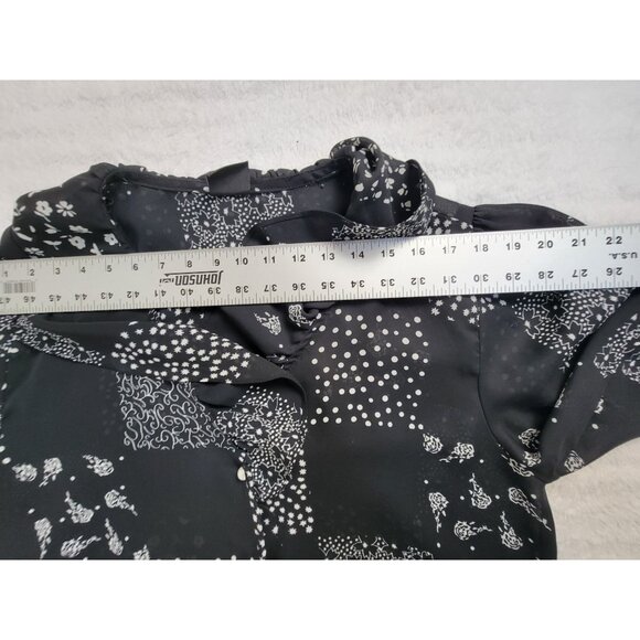 Vintage Judy Knapp Patchwork Print Sheer Button-Up Blouse Ruffle Collar Black - Picture 4 of 6
